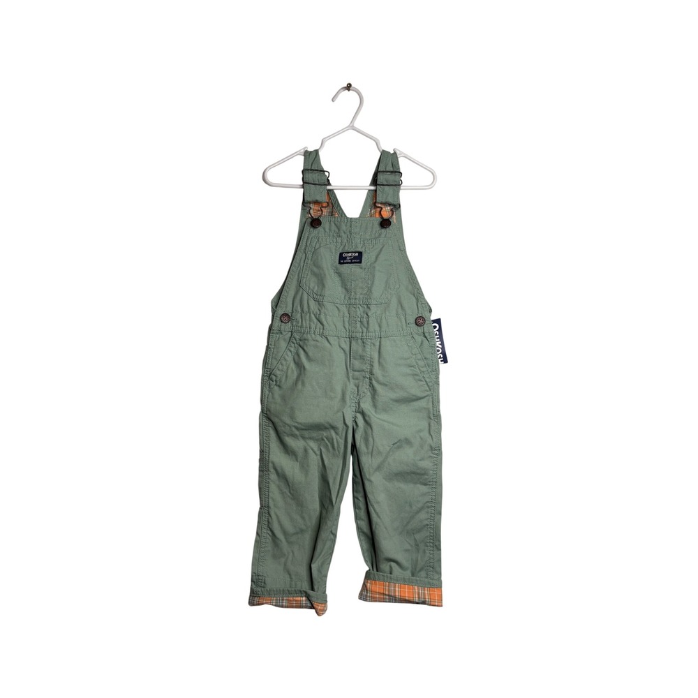 OshKosh Bgosh Toddler Boys Sage Green Plaid Flannel Lined Canvas Overalls 3T NEW